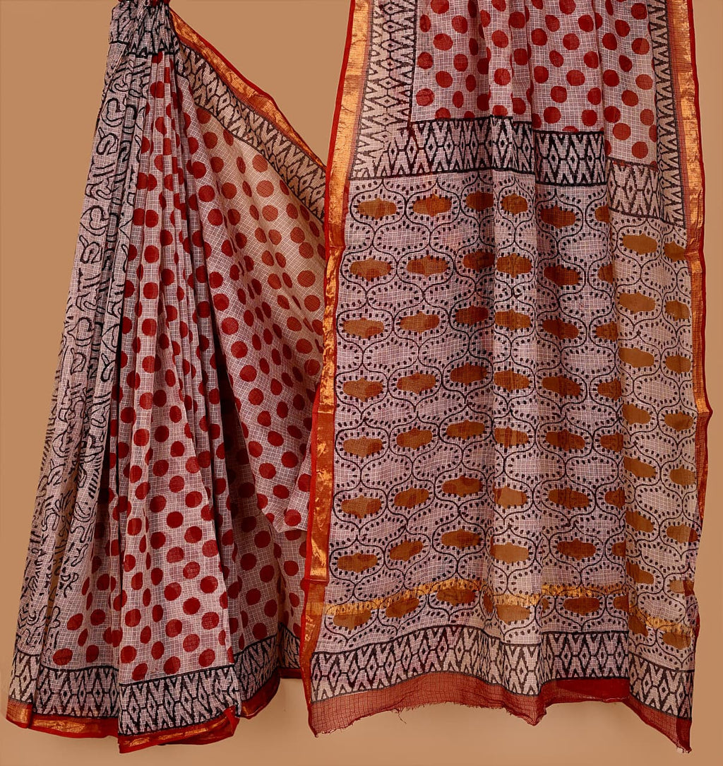 Traditional Red Motifs Handblock Printed Kotadoriya Saree (Copy)