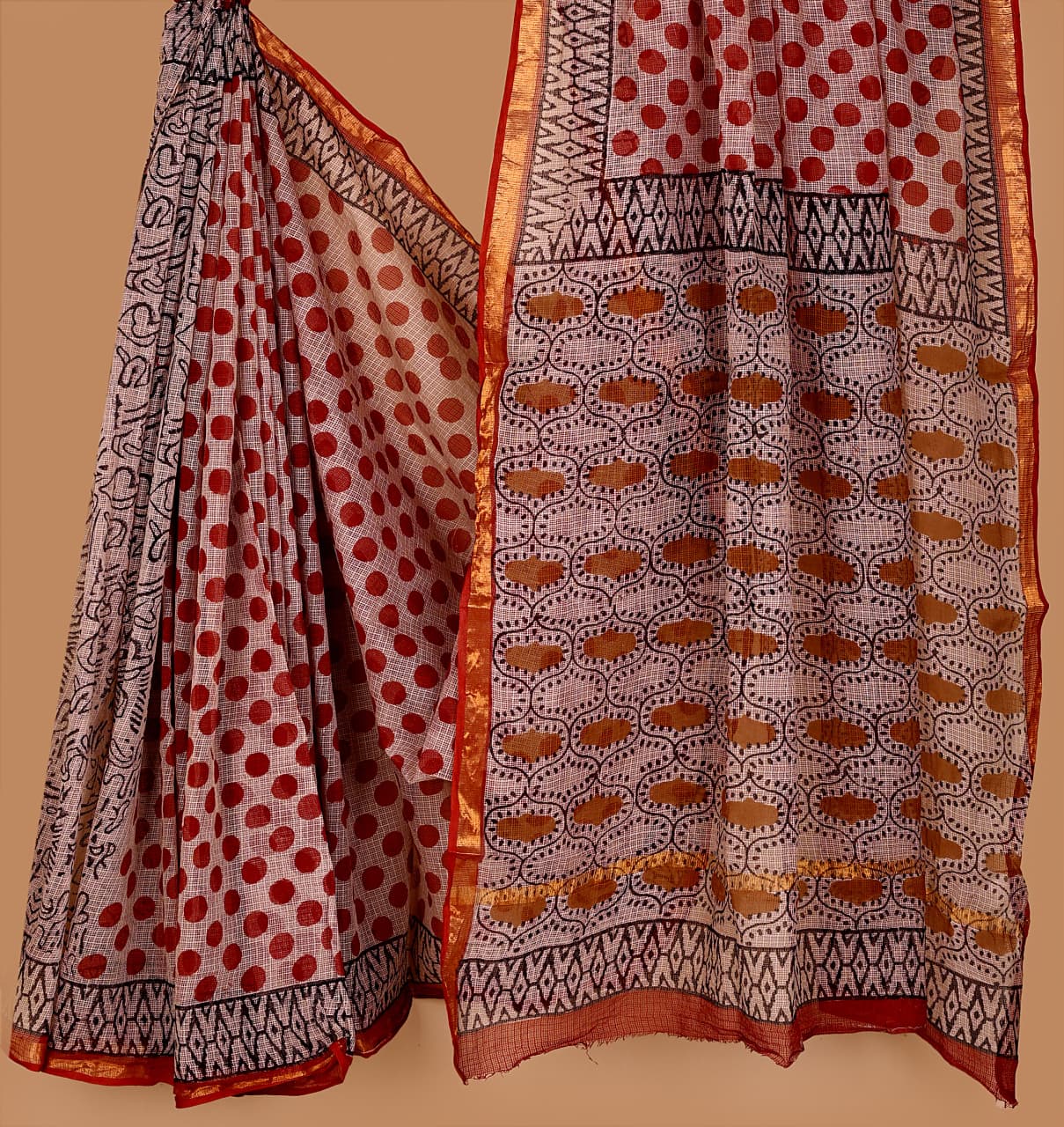 Traditional Red Motifs Handblock Printed Kotadoriya Saree