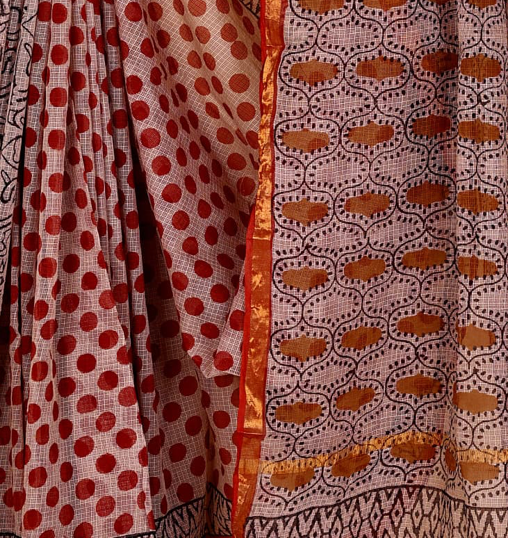 Traditional Red Motifs Handblock Printed Kotadoriya Saree (Copy)