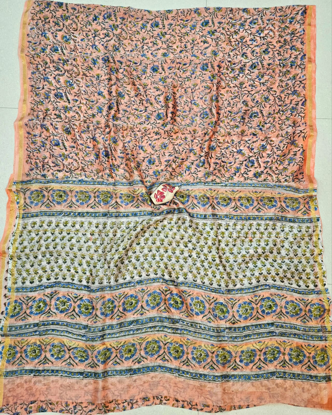 Orange-Pink Floral Handblock Printed Chanderi Silk Saree