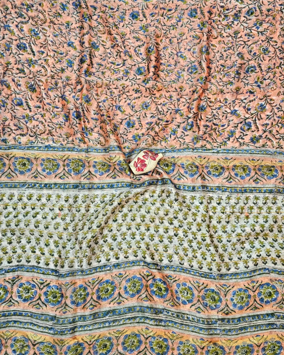 Orange-Pink Floral Handblock Printed Chanderi Silk Saree