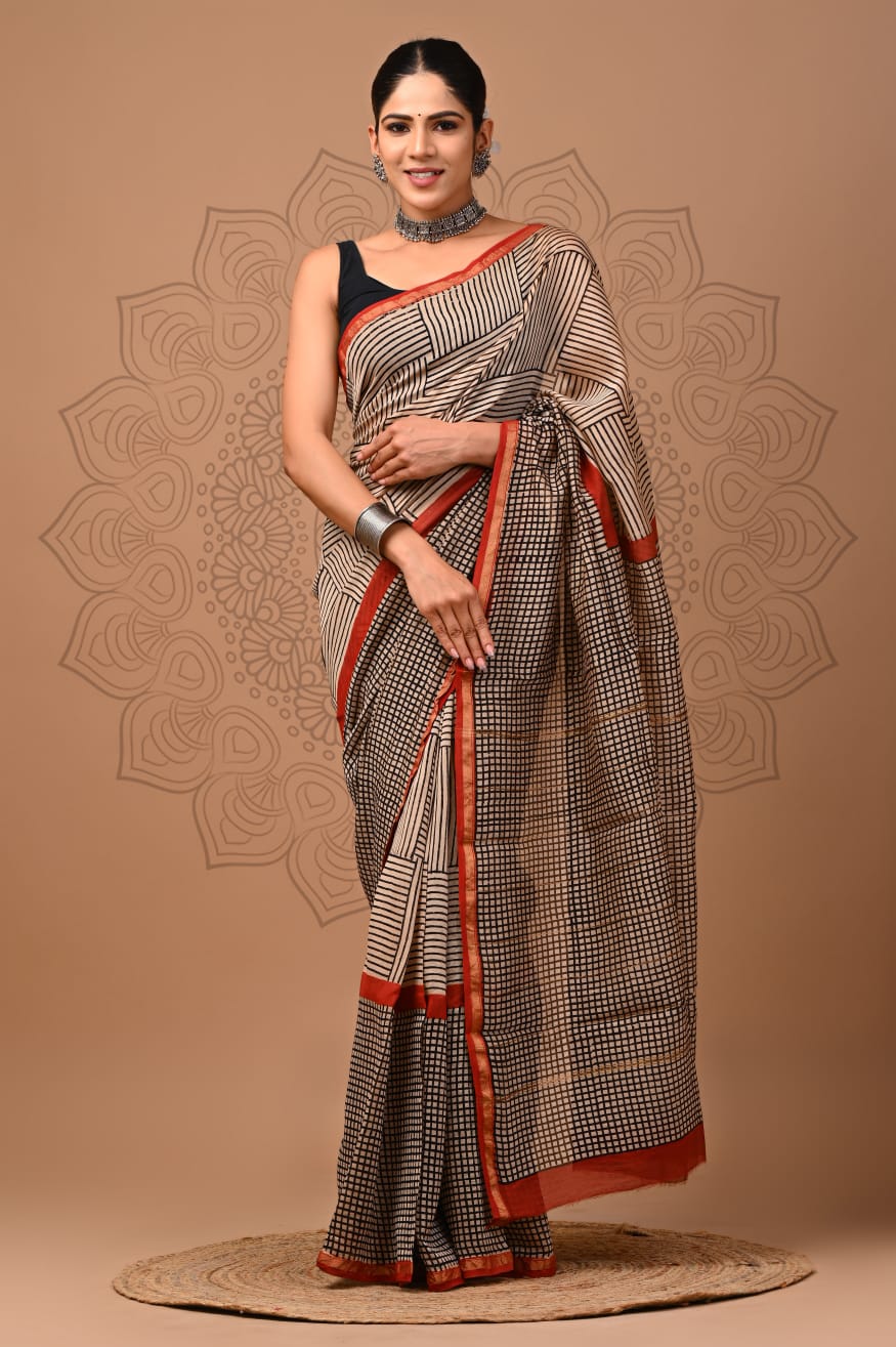 Traditional Geometrical Handblock Printed Chanderi Saree