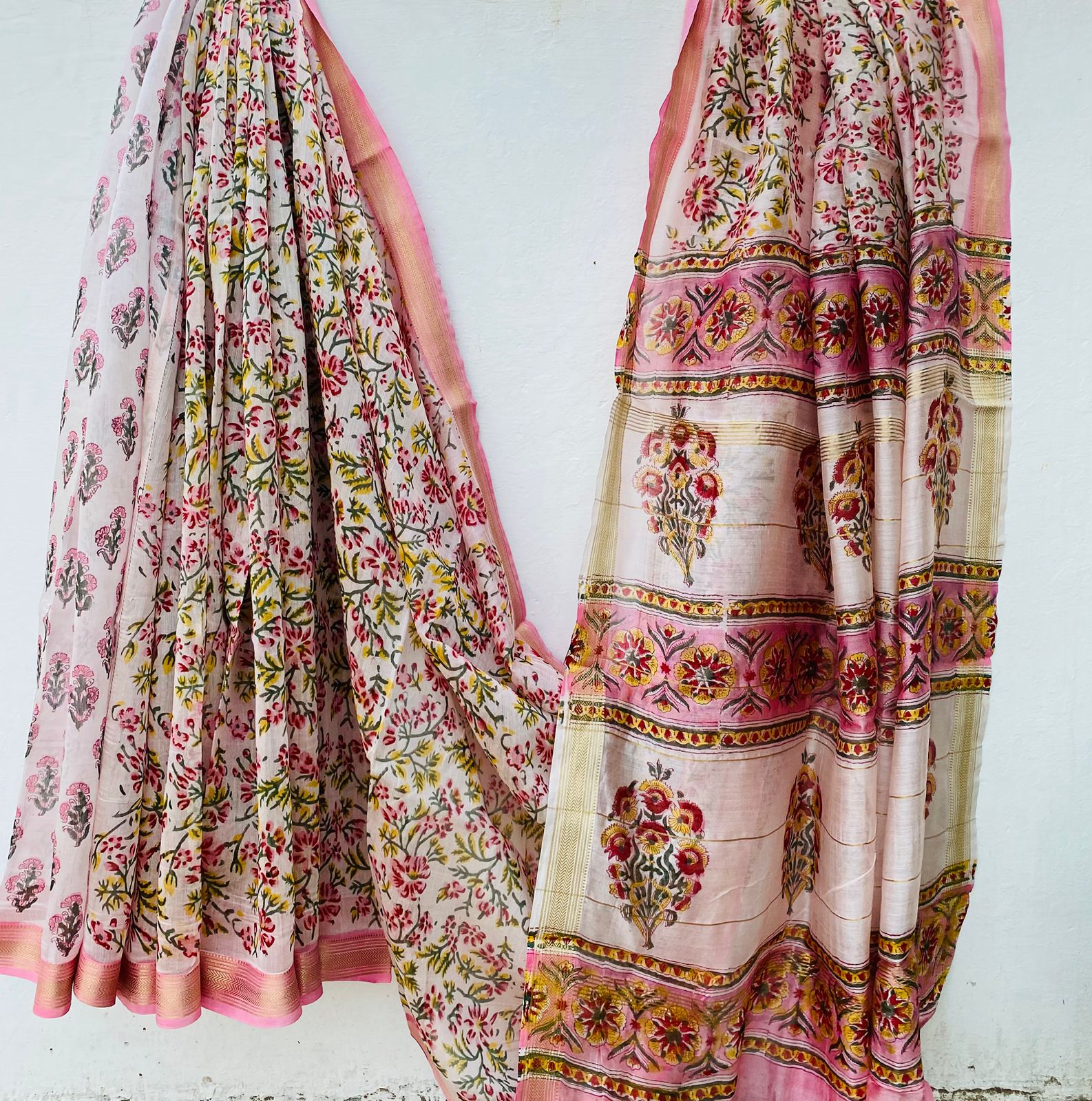 Blush Gulnaar Handblock Printed Maheshwari Silk Saree