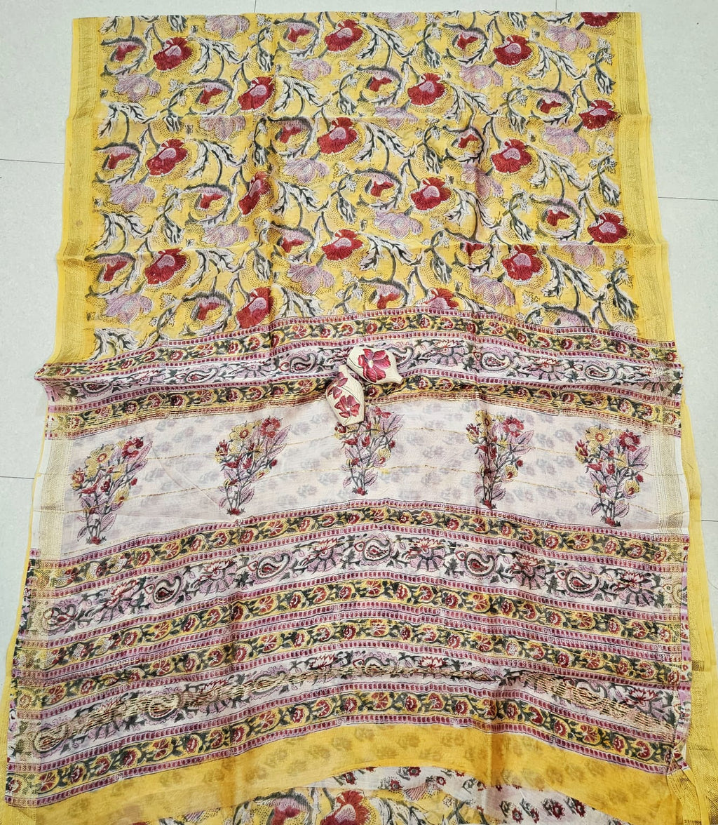 Haldi Phool Saaz Handblock Printed Maheshwari Silk Saree