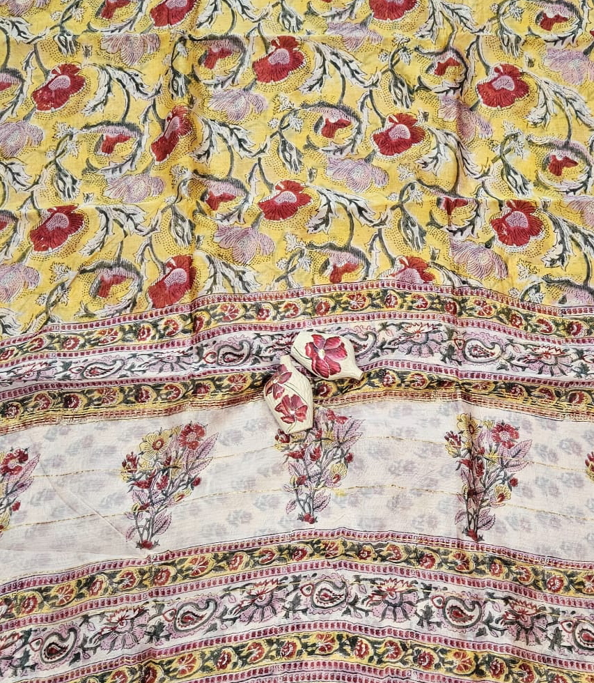 Haldi Phool Saaz Handblock Printed Maheshwari Silk Saree