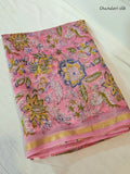 Blush Pink Floral Handblock Printed Chanderi Silk Saree