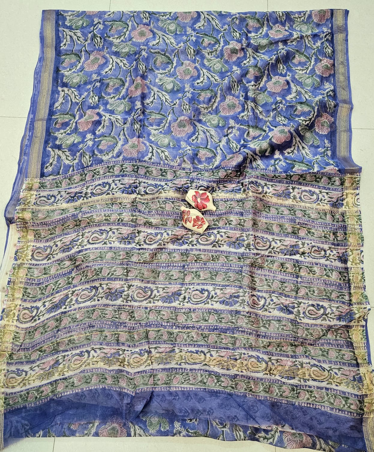 Neel Floral Handblock Printed Maheshwari Silk saree