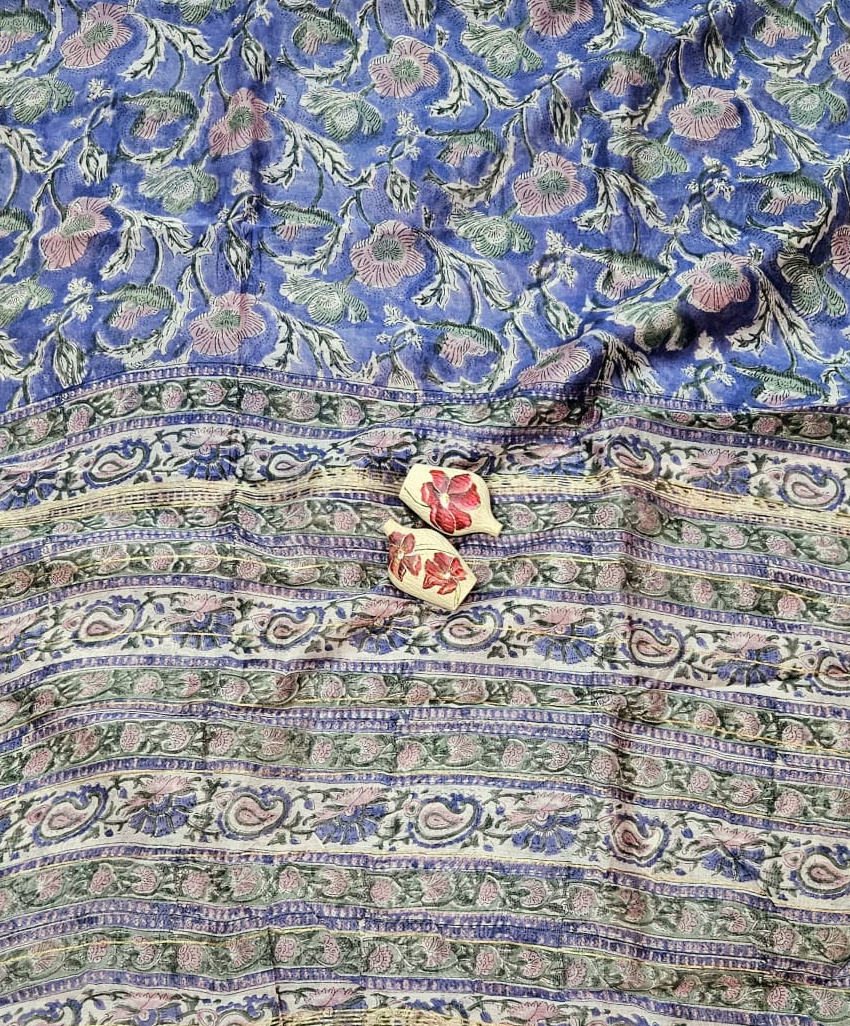 Neel Floral Handblock Printed Maheshwari Silk saree