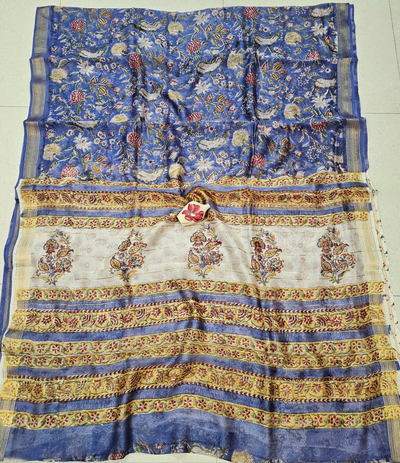 Virasat Blue, Handblock Printed Maheshwari Silk Saree