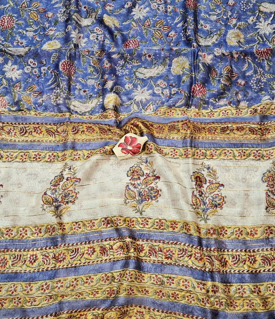 Virasat Blue, Handblock Printed Maheshwari Silk Saree