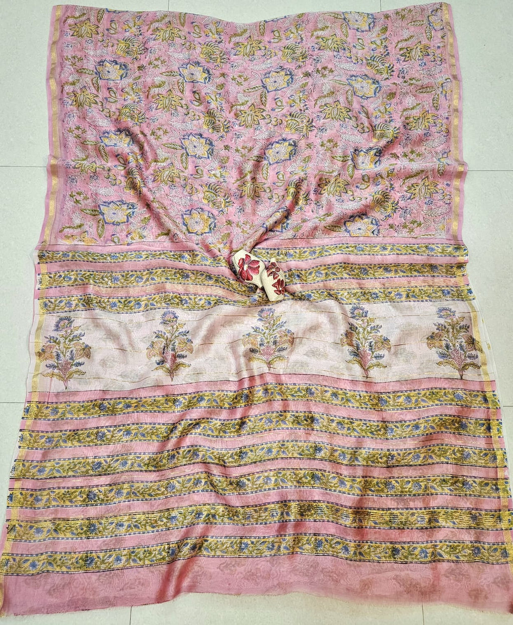 Blush Pink Floral Handblock Printed Chanderi Silk Saree