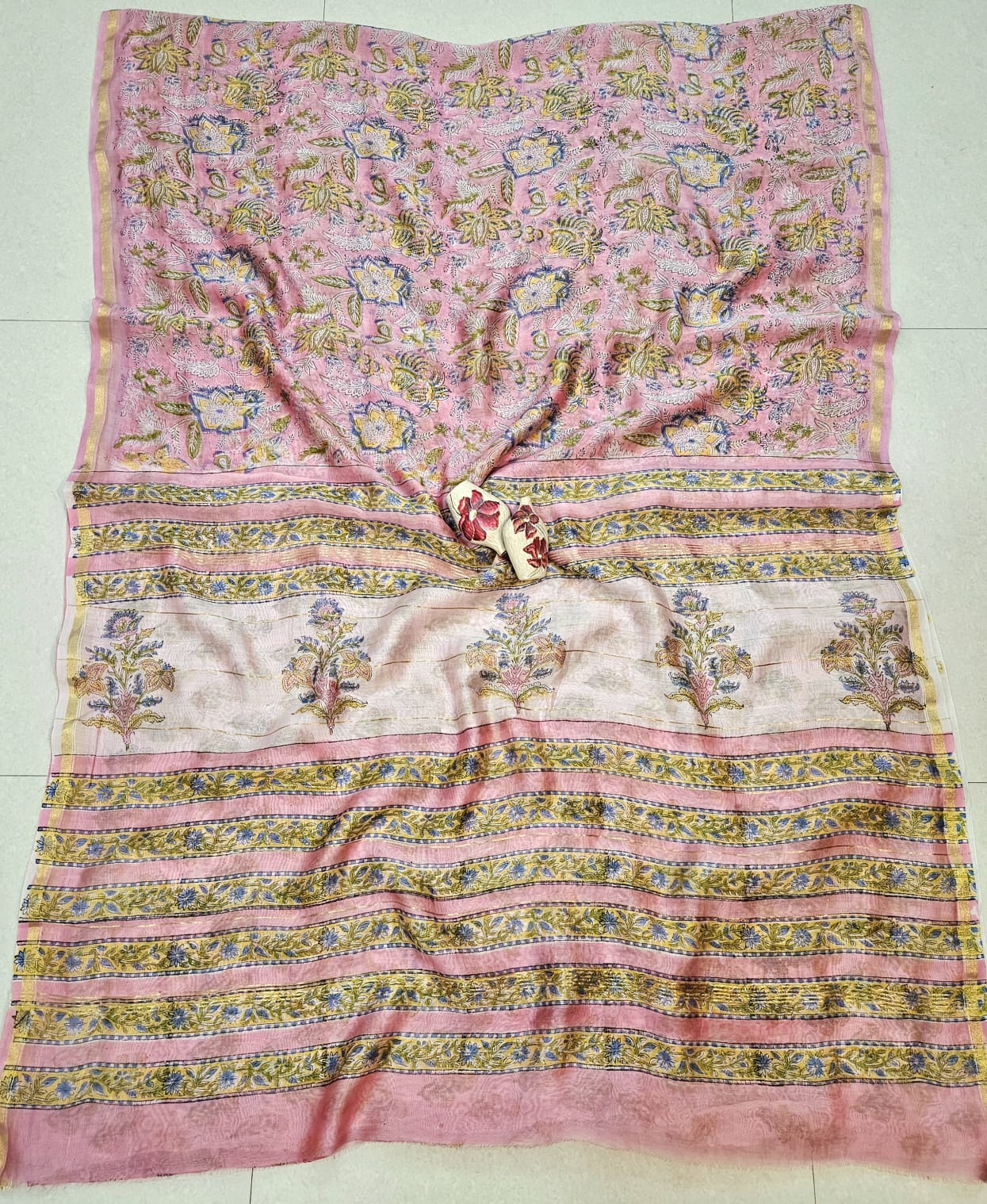 Blush Pink Floral Handblock Printed Chanderi Silk Saree