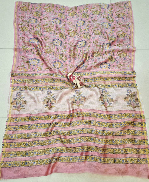 Blush Pink Floral Handblock Printed Chanderi Silk Saree
