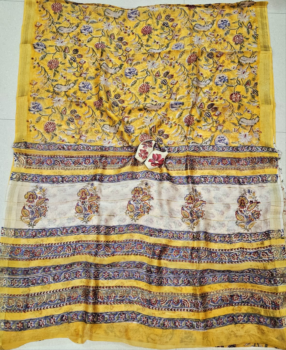 Surya Yellow, Handblock Printed Maheshwari Silk Saree