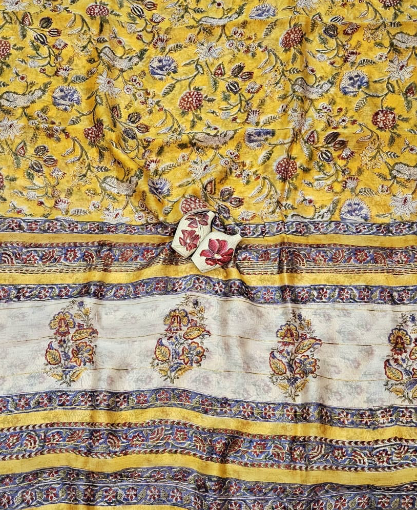 Surya Yellow, Handblock Printed Maheshwari Silk Saree