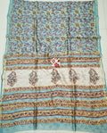 Light Sea Blue Handblock Printed Chanderi Silk Saree