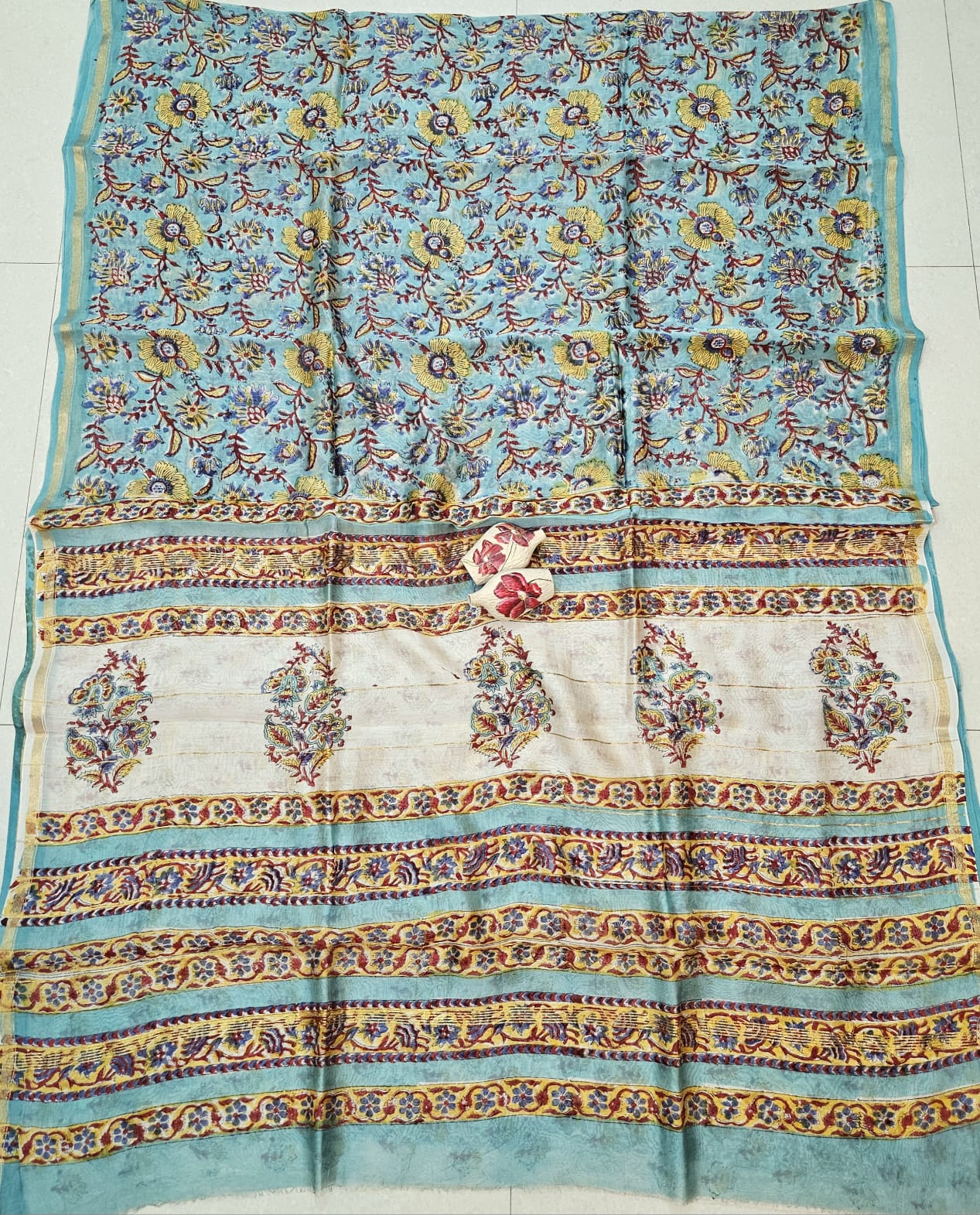 Light Sea Blue Handblock Printed Chanderi Silk Saree