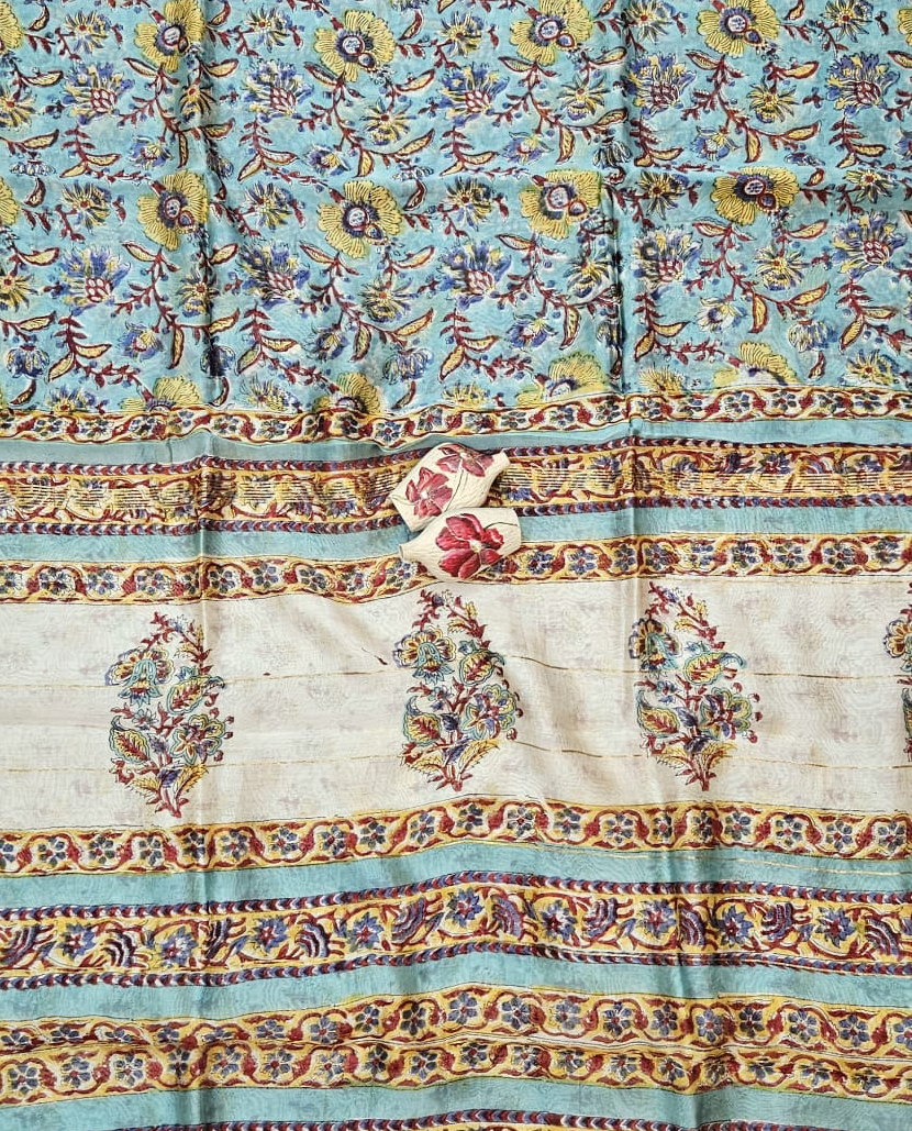 Light Sea Blue Handblock Printed Chanderi Silk Saree