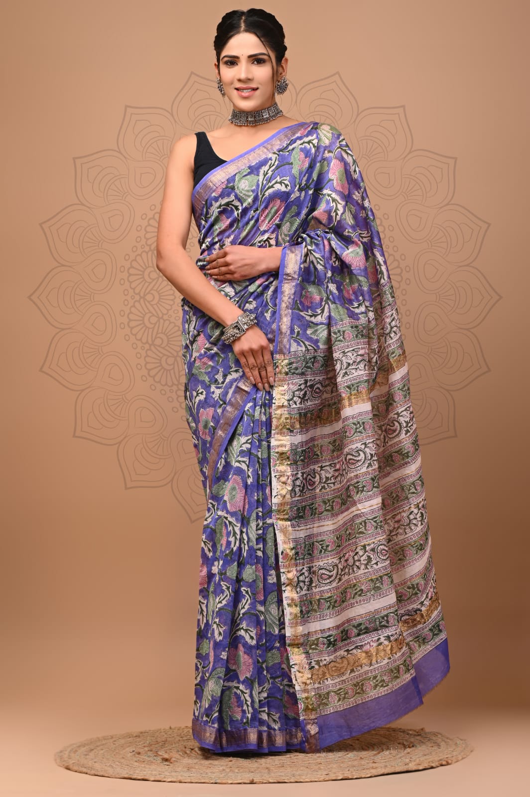 Baingani Flora Handblock Printed Maheshwari Silk Saree
