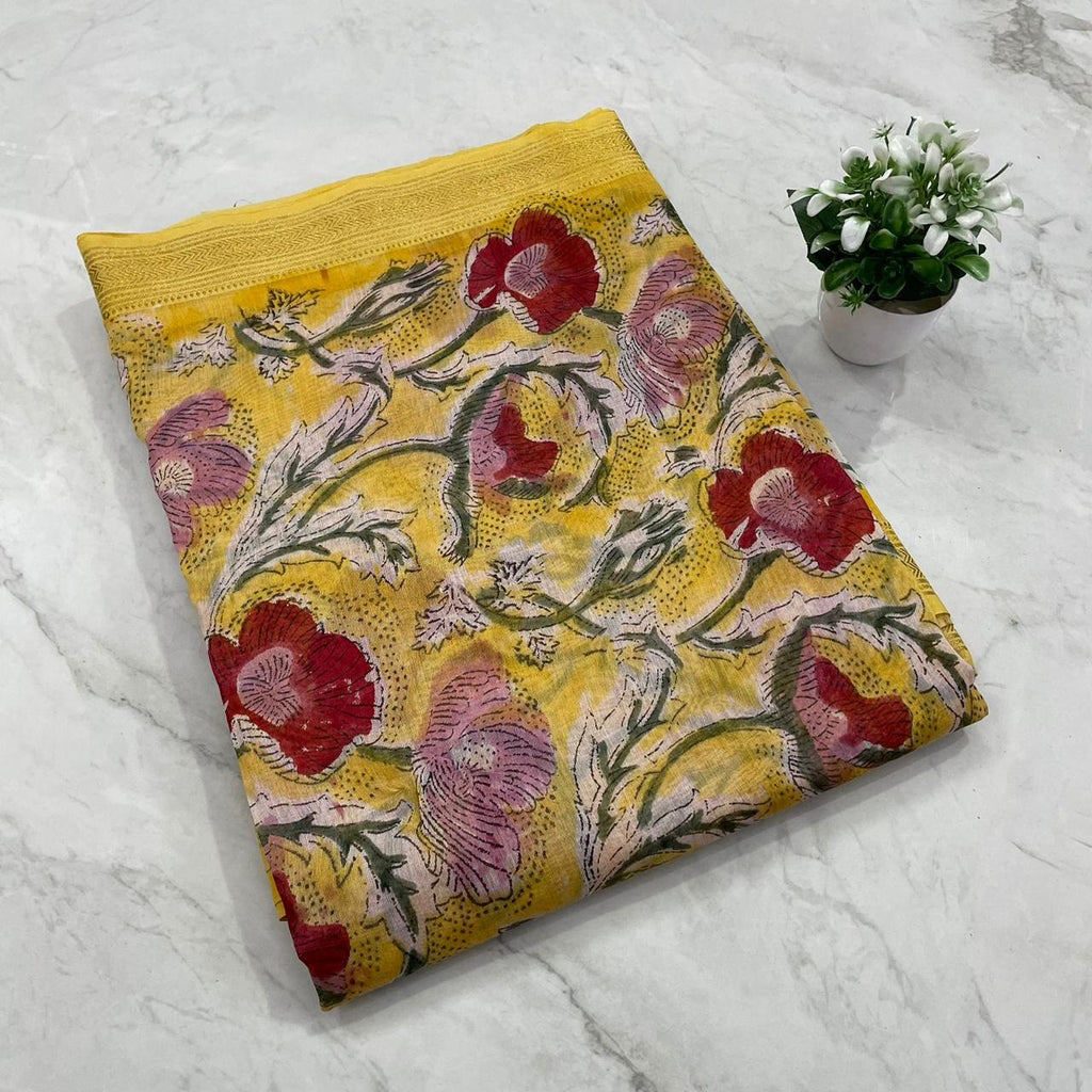 Haldi Phool Saaz Handblock Printed Maheshwari Silk Saree