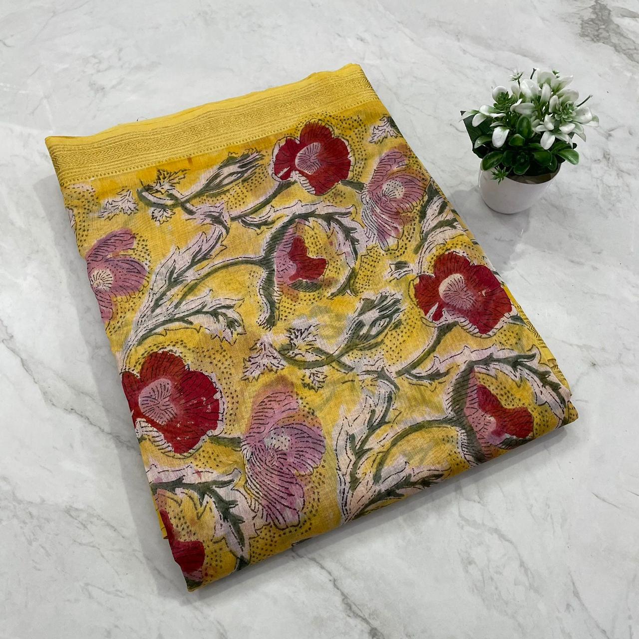 Haldi Phool Saaz Handblock Printed Maheshwari Silk Saree